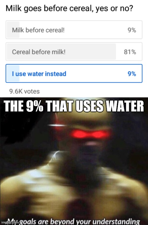 I found this on YouTube and had to make a meme | THE 9% THAT USES WATER | image tagged in my goals are beyond your understanding | made w/ Imgflip meme maker