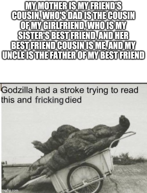 Confused | MY MOTHER IS MY FRIEND'S COUSIN, WHO'S DAD IS THE COUSIN OF MY GIRLFRIEND, WHO IS MY SISTER'S BEST FRIEND, AND HER BEST FRIEND COUSIN IS ME, AND MY UNCLE IS THE FATHER OF MY BEST FRIEND | image tagged in godzilla had a stroke trying to read this and fricking died | made w/ Imgflip meme maker