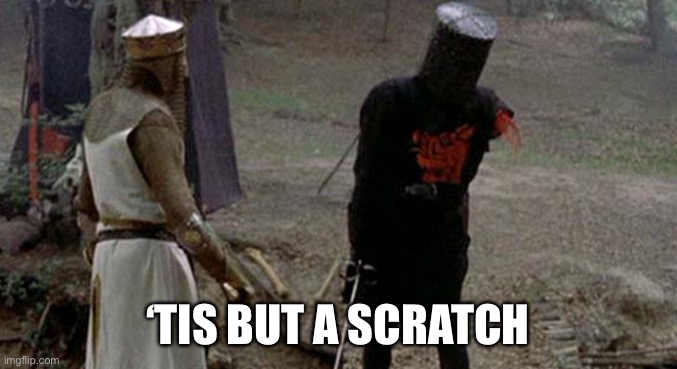 Tis but a scratch | ‘TIS BUT A SCRATCH | image tagged in tis but a scratch | made w/ Imgflip meme maker