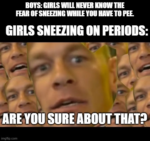 yes |  BOYS: GIRLS WILL NEVER KNOW THE FEAR OF SNEEZING WHILE YOU HAVE TO PEE. GIRLS SNEEZING ON PERIODS:; ARE YOU SURE ABOUT THAT? | image tagged in are you sure about that,girl problems,period,sneezing,sneeze | made w/ Imgflip meme maker