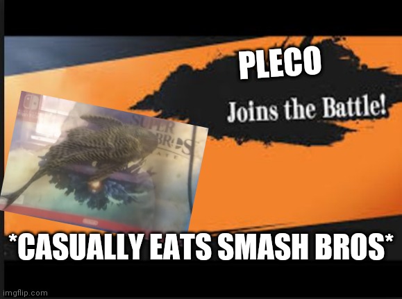 Sorry for the blurry photo | PLECO; *CASUALLY EATS SMASH BROS* | image tagged in joins the battle | made w/ Imgflip meme maker