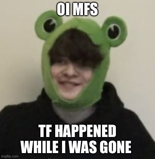 Frogbo | OI MFS; TF HAPPENED WHILE I WAS GONE | image tagged in frogbo | made w/ Imgflip meme maker