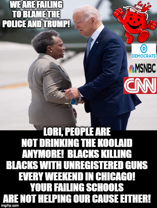 We are failing to blame the police and Trump! |  WE ARE FAILING TO BLAME THE POLICE AND TRUMP! LORI, PEOPLE ARE NOT DRINKING THE KOOLAID ANYMORE!  BLACKS KILLING BLACKS WITH UNREGISTERED GUNS EVERY WEEKEND IN CHICAGO! YOUR FAILING SCHOOLS ARE NOT HELPING OUR CAUSE EITHER! | image tagged in stupid liberals,morons,idiots,biden,fake news | made w/ Imgflip meme maker