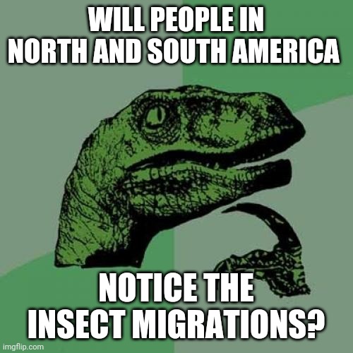 Philosoraptor | WILL PEOPLE IN NORTH AND SOUTH AMERICA; NOTICE THE INSECT MIGRATIONS? | image tagged in memes,philosoraptor | made w/ Imgflip meme maker