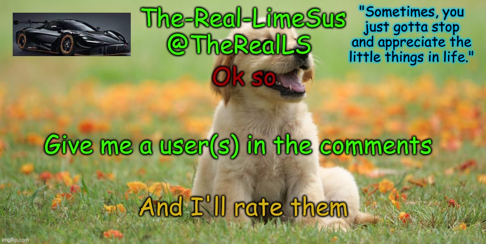 I'll rate em 1-10 | Ok so; Give me a user(s) in the comments; And I'll rate them | image tagged in limesus doggo announcement temp v1 4 | made w/ Imgflip meme maker