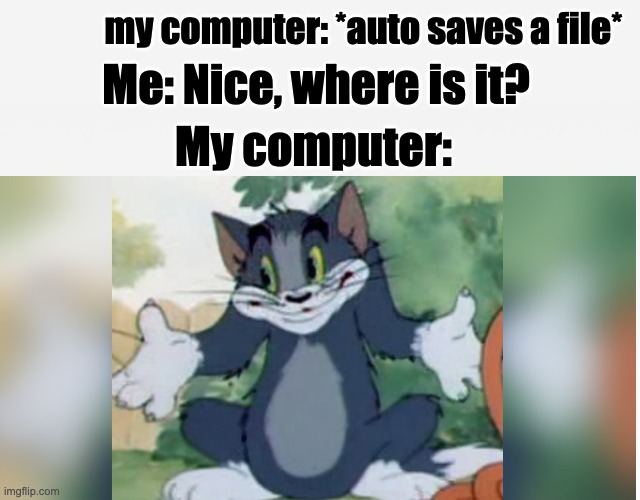 No Files | my computer: *auto saves a file*; Me: Nice, where is it? My computer: | image tagged in facts | made w/ Imgflip meme maker