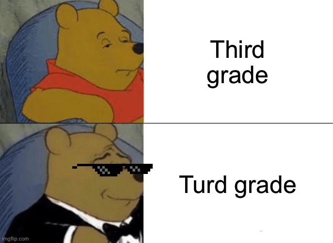 Everyone gonna start poopin | Third grade; Turd grade | image tagged in memes,tuxedo winnie the pooh | made w/ Imgflip meme maker