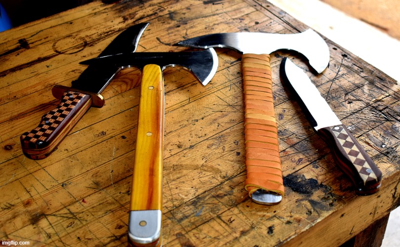 tomahawks and knifes I made. | image tagged in tomahawks,hunting knifes,kewlew,hand made | made w/ Imgflip meme maker