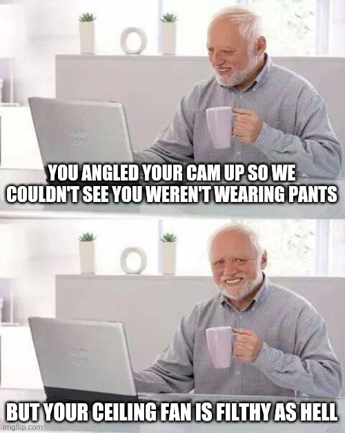 Hide the Pain Harold | YOU ANGLED YOUR CAM UP SO WE COULDN'T SEE YOU WEREN'T WEARING PANTS; BUT YOUR CEILING FAN IS FILTHY AS HELL | image tagged in memes,hide the pain harold | made w/ Imgflip meme maker