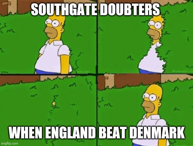 Homer Simpson Bush Reverse | SOUTHGATE DOUBTERS; WHEN ENGLAND BEAT DENMARK | image tagged in homer simpson bush reverse | made w/ Imgflip meme maker