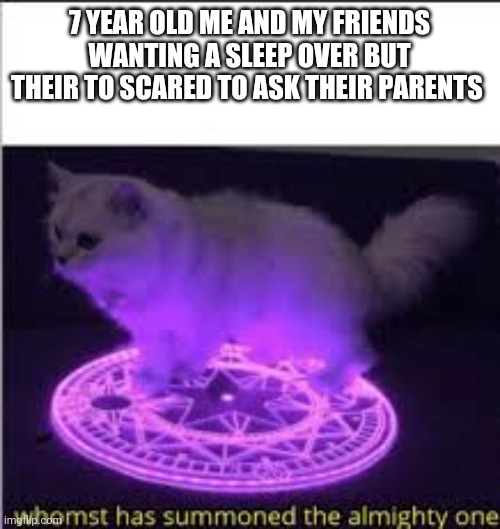 Whomst has Summoned the almighty one | 7 YEAR OLD ME AND MY FRIENDS WANTING A SLEEP OVER BUT THEIR TO SCARED TO ASK THEIR PARENTS | image tagged in whomst has summoned the almighty one | made w/ Imgflip meme maker