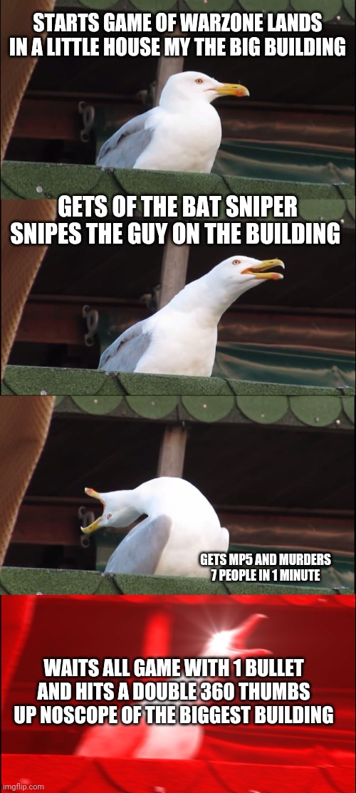 Inhaling Seagull Meme | STARTS GAME OF WARZONE LANDS IN A LITTLE HOUSE MY THE BIG BUILDING; GETS OF THE BAT SNIPER SNIPES THE GUY ON THE BUILDING; GETS MP5 AND MURDERS 7 PEOPLE IN 1 MINUTE; WAITS ALL GAME WITH 1 BULLET AND HITS A DOUBLE 360 THUMBS UP NOSCOPE OF THE BIGGEST BUILDING | image tagged in memes,inhaling seagull | made w/ Imgflip meme maker