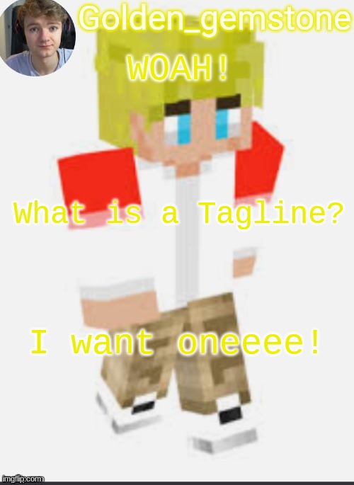 WOAH! What is a Tagline? I want oneeee! | image tagged in golden's template not mine thank my friend | made w/ Imgflip meme maker