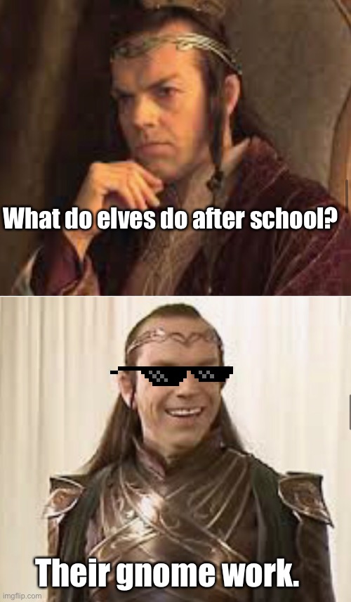 Dad jokes suck | What do elves do after school? Their gnome work. | image tagged in lord of the rings,memes,crappy memes,stupid memes,dad jokes | made w/ Imgflip meme maker