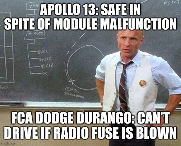 Apollo 13 Failure Is Not An Option | APOLLO 13: SAFE IN SPITE OF MODULE MALFUNCTION; FCA DODGE DURANGO: CAN’T DRIVE IF RADIO FUSE IS BLOWN | image tagged in apollo 13 failure is not an option | made w/ Imgflip meme maker