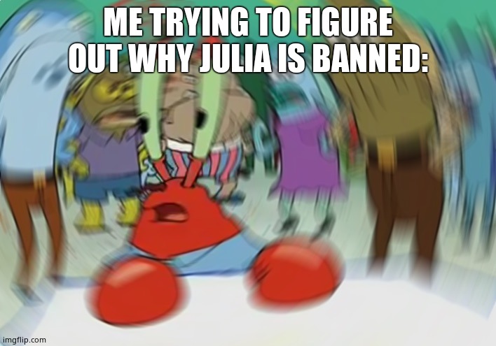 Mr Krabs Blur Meme | ME TRYING TO FIGURE OUT WHY JULIA IS BANNED: | image tagged in memes,mr krabs blur meme | made w/ Imgflip meme maker