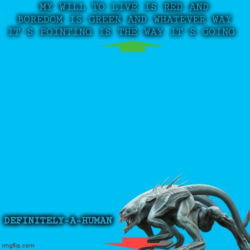 Bored | MY WILL TO LIVE IS RED AND BOREDOM IS GREEN AND WHATEVER WAY IT'S POINTING IS THE WAY IT'S GOING | image tagged in definitely-a-human's template | made w/ Imgflip meme maker