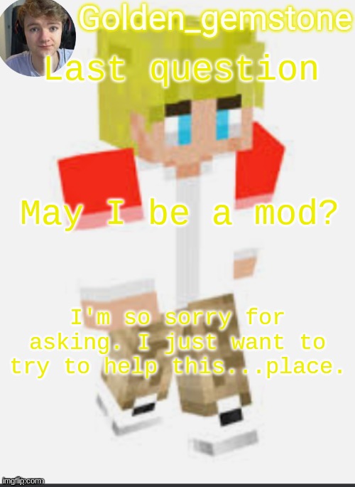 Last question; May I be a mod? I'm so sorry for asking. I just want to try to help this...place. | image tagged in golden's template not mine thank my friend | made w/ Imgflip meme maker