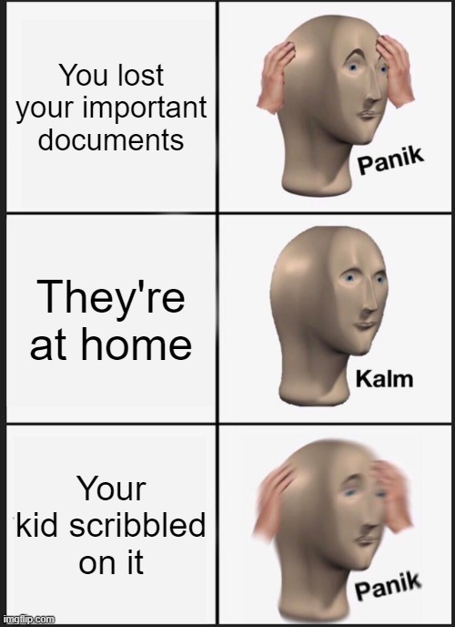 Documents | You lost your important documents; They're at home; Your kid scribbled on it | image tagged in memes,panik kalm panik | made w/ Imgflip meme maker
