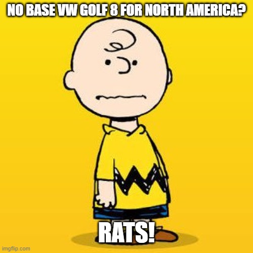 Charlie Brown Mark 8 Golf | NO BASE VW GOLF 8 FOR NORTH AMERICA? RATS! | image tagged in charlie brown,vw golf,golf 8,bring the base mark 8 golf to north america | made w/ Imgflip meme maker