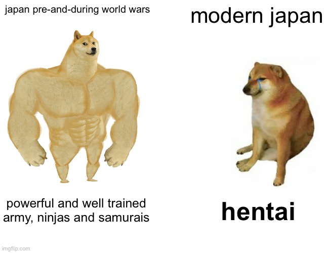 japan | japan pre-and-during world wars; modern japan; powerful and well trained army, ninjas and samurais; hentai | image tagged in memes,buff doge vs cheems,japan | made w/ Imgflip meme maker