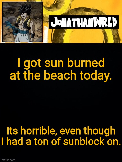 I got sun burned at the beach today. Its horrible, even though I had a ton of sunblock on. | image tagged in jonathan's wrld | made w/ Imgflip meme maker