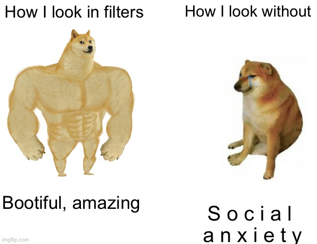 ✨social anxiety✨ | How I look in filters; How I look without; Bootiful, amazing; S o c i a l 
a n x i e t y | image tagged in memes,buff doge vs cheems | made w/ Imgflip meme maker