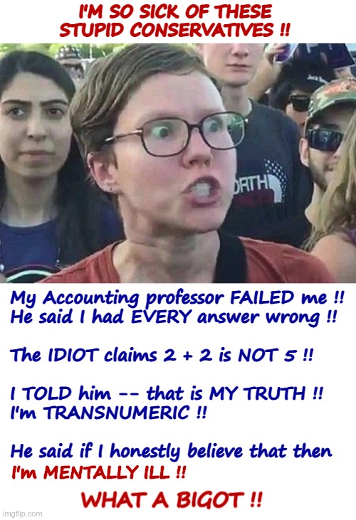 So Sick of Conservative Bigots!! | I'M SO SICK OF THESE
STUPID CONSERVATIVES !! My Accounting professor FAILED me !!
He said I had EVERY answer wrong !!
 
The IDIOT claims 2 + 2 is NOT 5 !!
 
I TOLD him -- that is MY TRUTH !!
I'm TRANSNUMERIC !!
 
He said if I honestly believe that then; W​HAT A BIGOT !! I'm MENTALLY ILL !! | image tagged in triggered liberal,reality can be whatever i want,reality check,rick75230 | made w/ Imgflip meme maker