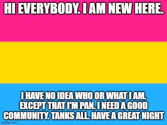 new noises | HI EVERYBODY. I AM NEW HERE. I HAVE NO IDEA WHO OR WHAT I AM. EXCEPT THAT I'M PAN. I NEED A GOOD COMMUNITY. TANKS ALL. HAVE A GREAT NIGHT | image tagged in pansexual flag | made w/ Imgflip meme maker