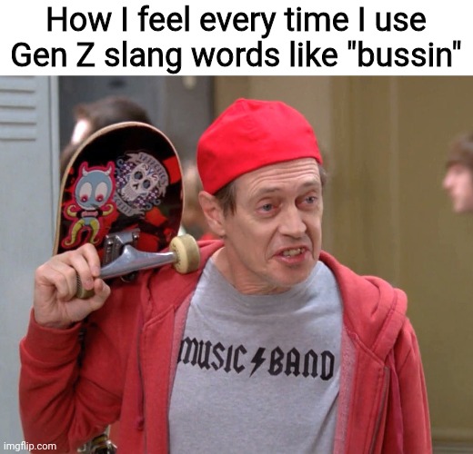 I'm 25, FYI |  How I feel every time I use Gen Z slang words like "bussin" | image tagged in steve buscemi fellow kids,25 years old,old af,20-something | made w/ Imgflip meme maker