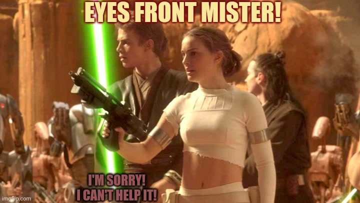 Anakin Skywalker problems | EYES FRONT MISTER! I'M SORRY! I CAN'T HELP IT! | image tagged in anakin skywalker,problems,padme,boobs,stop looking at em | made w/ Imgflip meme maker