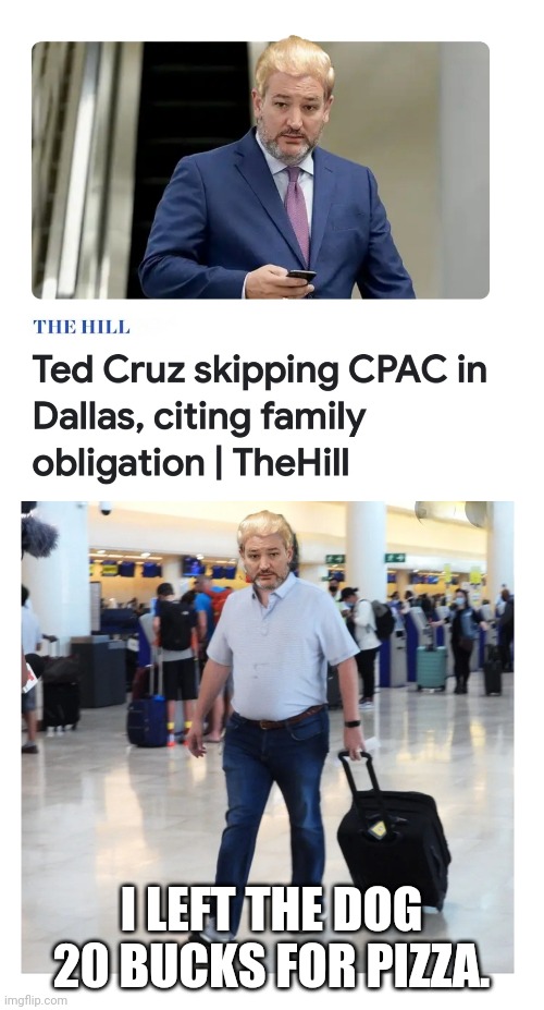 Vacation Ted | I LEFT THE DOG 20 BUCKS FOR PIZZA. | image tagged in ted cruz,cpac,cancun,dog | made w/ Imgflip meme maker