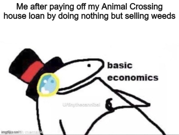 WHY ARE WEEDS WORTH SO MANY BELLS | Me after paying off my Animal Crossing house loan by doing nothing but selling weeds | image tagged in basic economics | made w/ Imgflip meme maker