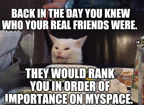 Salad cat | BACK IN THE DAY YOU KNEW WHO YOUR REAL FRIENDS WERE. J M; THEY WOULD RANK YOU IN ORDER OF IMPORTANCE ON MYSPACE. | image tagged in salad cat | made w/ Imgflip meme maker