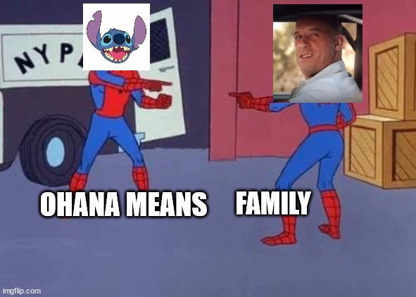 ohana means family | FAMILY; OHANA MEANS | image tagged in spiderman mirror | made w/ Imgflip meme maker