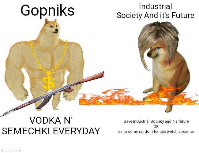 i didnt disrespect anyone | Gopniks; Industrial Society And it's Future; VODKA N' SEMECHKI EVERYDAY; Save Industrial Society and It's future
OR
simp some random female twitch streamer | image tagged in memes,buff doge vs cheems | made w/ Imgflip meme maker