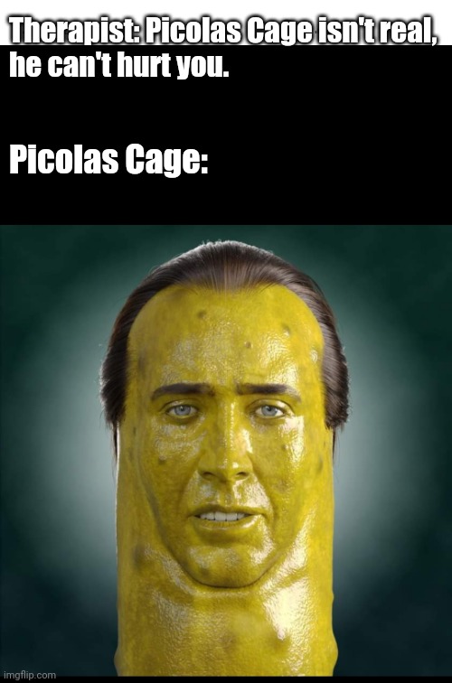 Picolas Cage | Therapist: Picolas Cage isn't real, 
he can't hurt you. Picolas Cage: | image tagged in funny meme,nicolas cage | made w/ Imgflip meme maker