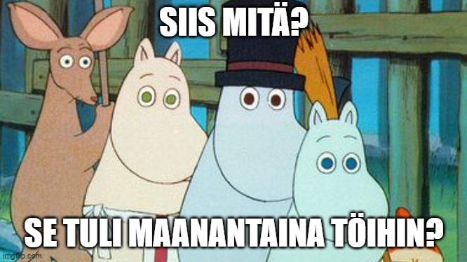 Se tuli maanantaina töihin? | SIIS MITÄ? SE TULI MAANANTAINA TÖIHIN? | image tagged in moomin,muumi,maanantai | made w/ Imgflip meme maker