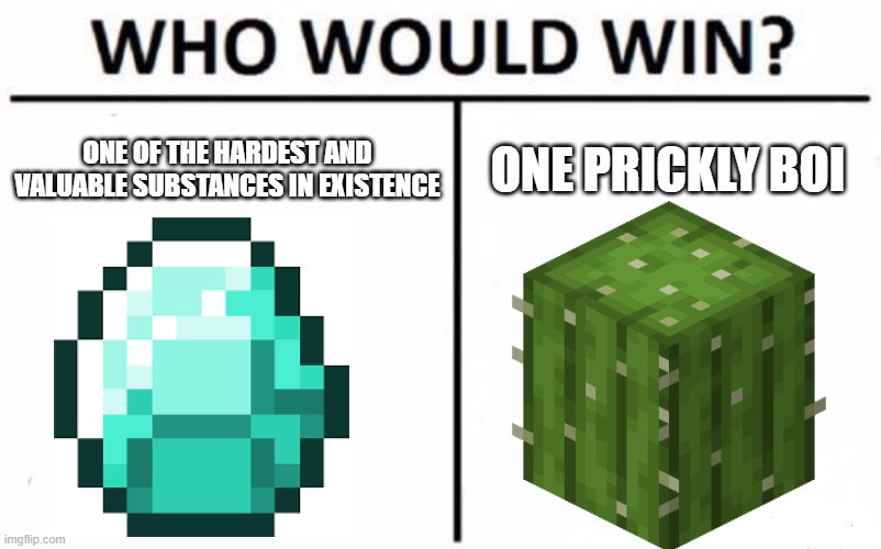 Pretty sure the prickly boi would win | ONE OF THE HARDEST AND VALUABLE SUBSTANCES IN EXISTENCE; ONE PRICKLY BOI | image tagged in memes,who would win,minecraft,cactus,diamond is weak,oh wow you're actually reading these tags | made w/ Imgflip meme maker