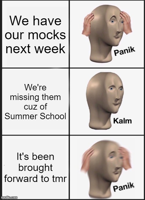 Mocks | We have our mocks next week; We're missing them cuz of Summer School; It's been brought forward to tmr | image tagged in memes,panik kalm panik | made w/ Imgflip meme maker