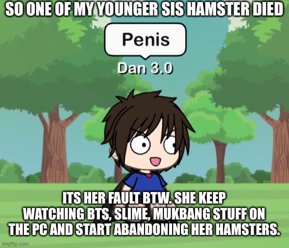 I hope she learn from this incident | SO ONE OF MY YOUNGER SIS HAMSTER DIED; ITS HER FAULT BTW. SHE KEEP WATCHING BTS, SLIME, MUKBANG STUFF ON THE PC AND START ABANDONING HER HAMSTERS. | image tagged in dan 3 0 | made w/ Imgflip meme maker