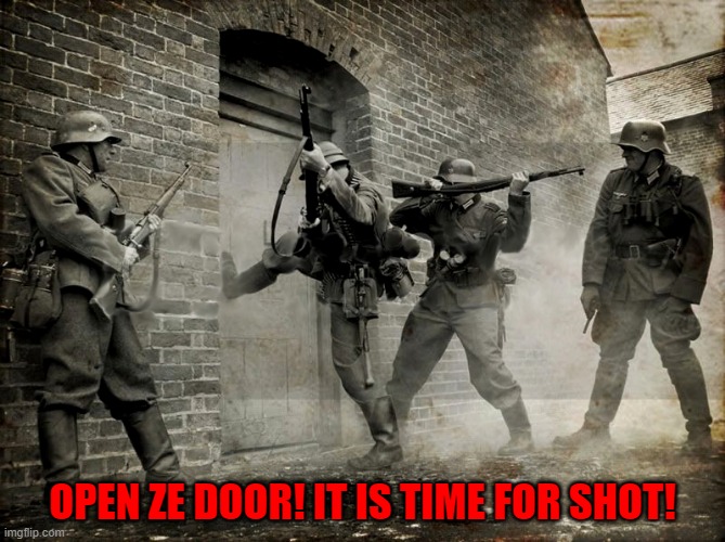 Hitler became Nazi party leader July 1921. 100 years later we've got a strange man as President. | OPEN ZE DOOR! IT IS TIME FOR SHOT! | image tagged in nazi,biden,door to door,vax,impfung | made w/ Imgflip meme maker