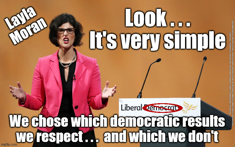 Liberal Democrats - hypocrisy | Look . . .
It's very simple; Layla
Moran; #Starmerout #GetStarmerOut #Labour #EdDavey #wearecorbyn #KeirStarmer #DianeAbbott #McDonnell #cultofcorbyn #labourisdead #LibDems #labourracism #socialistsunday #nevervotelabour #socialistanyday #LiberalDemocrats; We chose which democratic results we respect . . .  and which we don't | image tagged in layla moran lib dem,ed dumb dumb davey,lib dem lib dumb,ed davey,liberal democrats | made w/ Imgflip meme maker