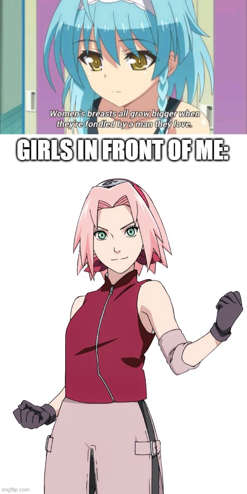 Because sakura is flat | GIRLS IN FRONT OF ME: | image tagged in anime,sakura | made w/ Imgflip meme maker