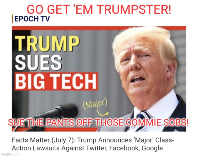 TRUMP SAVES AMERICA! | GO GET 'EM TRUMPSTER! SUE THE PANTS OFF THOSE COMMIE SOBS! | image tagged in donald trump,the scroll of truth,donald trump approves,stupid liberals,suck | made w/ Imgflip meme maker
