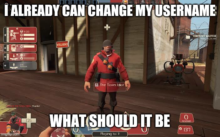 no, i didnt not pick suggestion like "dumbass" or "idiot" | I ALREADY CAN CHANGE MY USERNAME; WHAT SHOULD IT BE | image tagged in soldier the town idiot | made w/ Imgflip meme maker