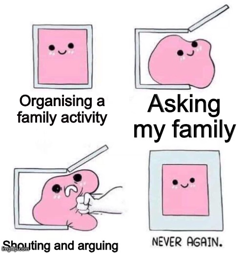 I tried today. | Asking my family; Organising a family activity; Shouting and arguing | image tagged in never again | made w/ Imgflip meme maker