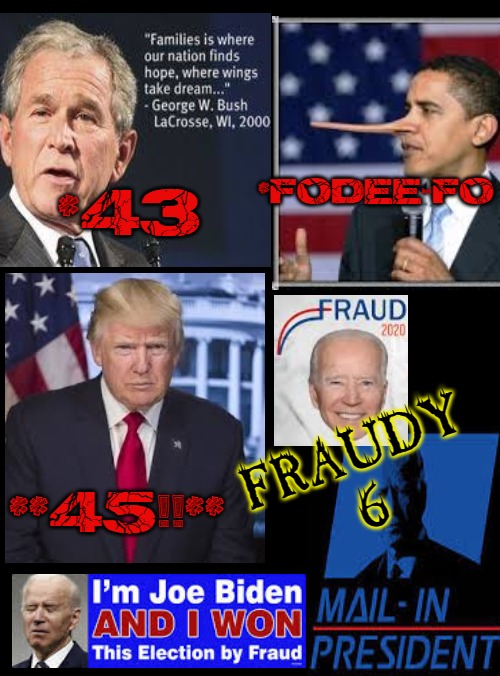 Fraudy - 6 | *43; *FODEE-FO; FRAUDY
6; **45!!** | image tagged in election fraud,fraud,voter fraud,dead voters,plandemic,stupid criminals | made w/ Imgflip meme maker
