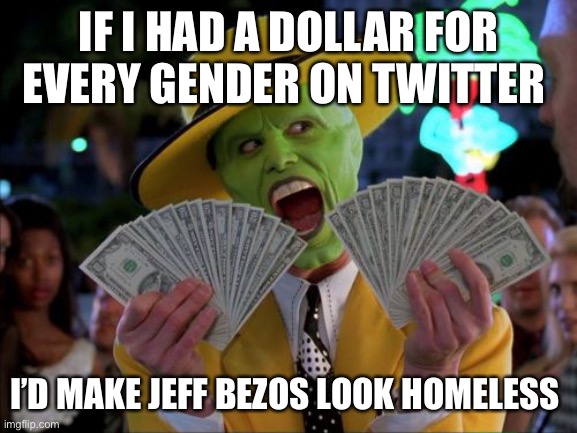 If I had a dollar… | IF I HAD A DOLLAR FOR EVERY GENDER ON TWITTER; I’D MAKE JEFF BEZOS LOOK HOMELESS | image tagged in memes,money money | made w/ Imgflip meme maker
