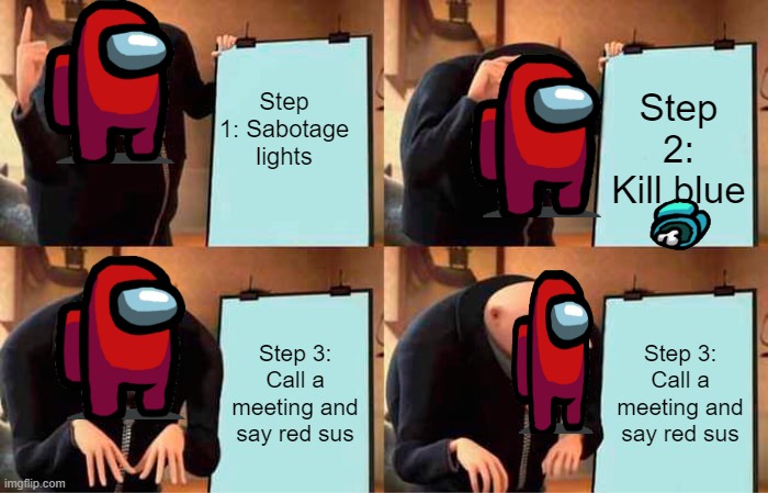 It was the one flaw that changed it all. | Step 1: Sabotage lights; Step 2: Kill blue; Step 3: Call a meeting and say red sus; Step 3: Call a meeting and say red sus | image tagged in memes,gru's plan | made w/ Imgflip meme maker